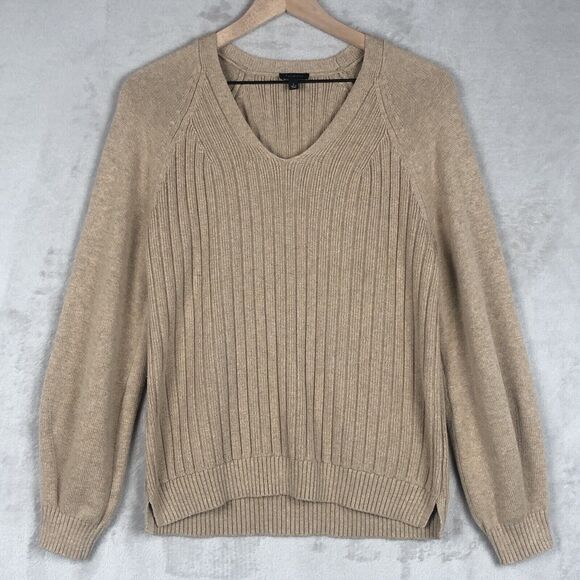 Talbots Sweaters - TALBOTS Sweater Women’s Sz L Tan Cotton Long Balloon Sleeve V-Neck Ribbed Raglan